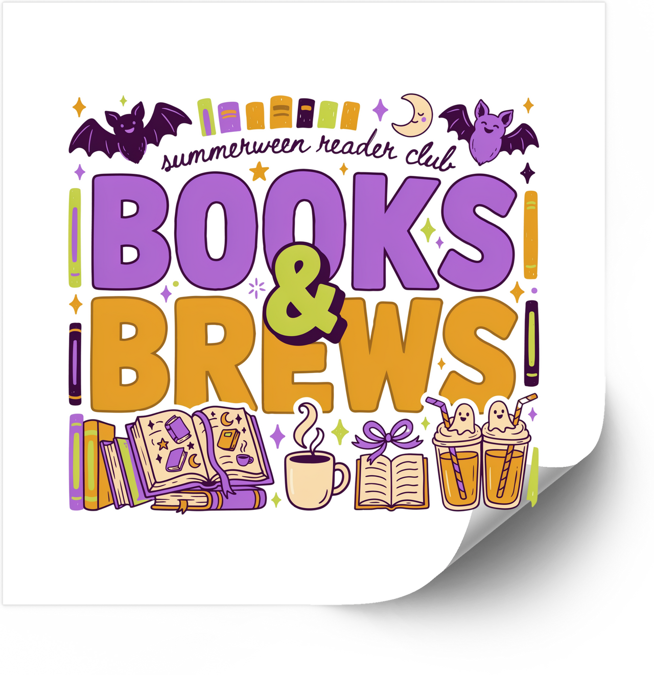 Books & Brews Summerween Sticker | Spooky Cute Reader Club Vinyl Decal | Halloween Bookworm Coffee Gift