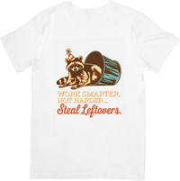 Thumbnail for Work Smarter Steal Leftovers Raccoon T-Shirt | Funny Trash Panda Graphic Tee | Humor Foodie Gift