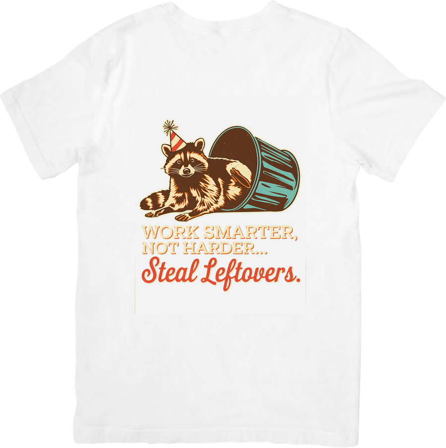 Work Smarter Steal Leftovers Raccoon T-Shirt | Funny Trash Panda Graphic Tee | Humor Foodie Gift