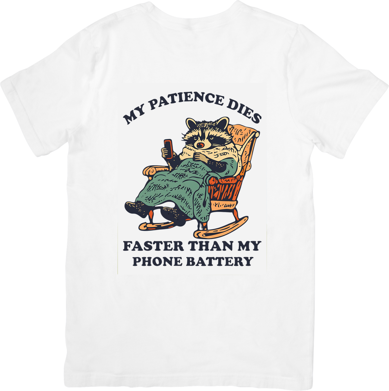 Patience Dies Faster Than Battery Raccoon T-Shirt | Funny Vintage Trail Animal Graphic Tee