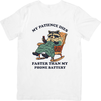 Thumbnail for Patience Dies Faster Than Battery Raccoon T-Shirt | Funny Vintage Trail Animal Graphic Tee
