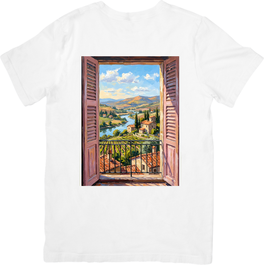 Italian Countryside Window View T-Shirt | Tuscan Landscape Graphic Tee | Travel Art Lover Gift