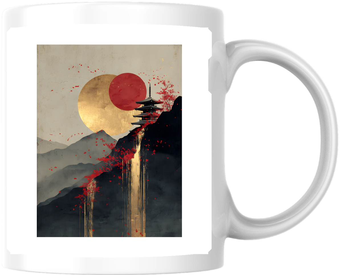 Japanese Red Sun Pagoda Mug | Minimalist Mountain Landscape Coffee Mug | Asian Art Lover Gift