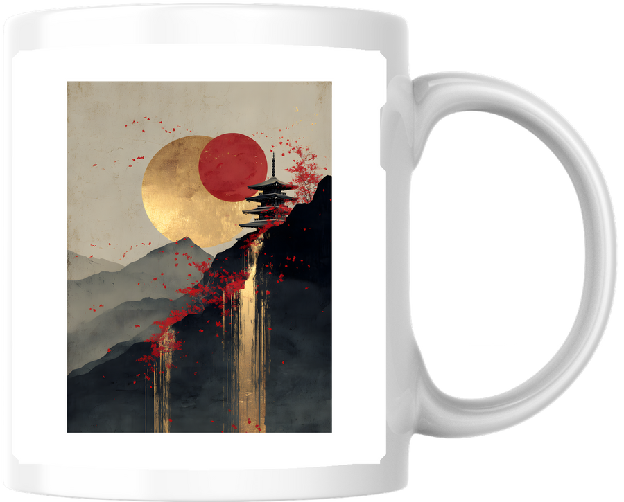 Japanese Red Sun Pagoda Mug | Minimalist Mountain Landscape Coffee Mug | Asian Art Lover Gift