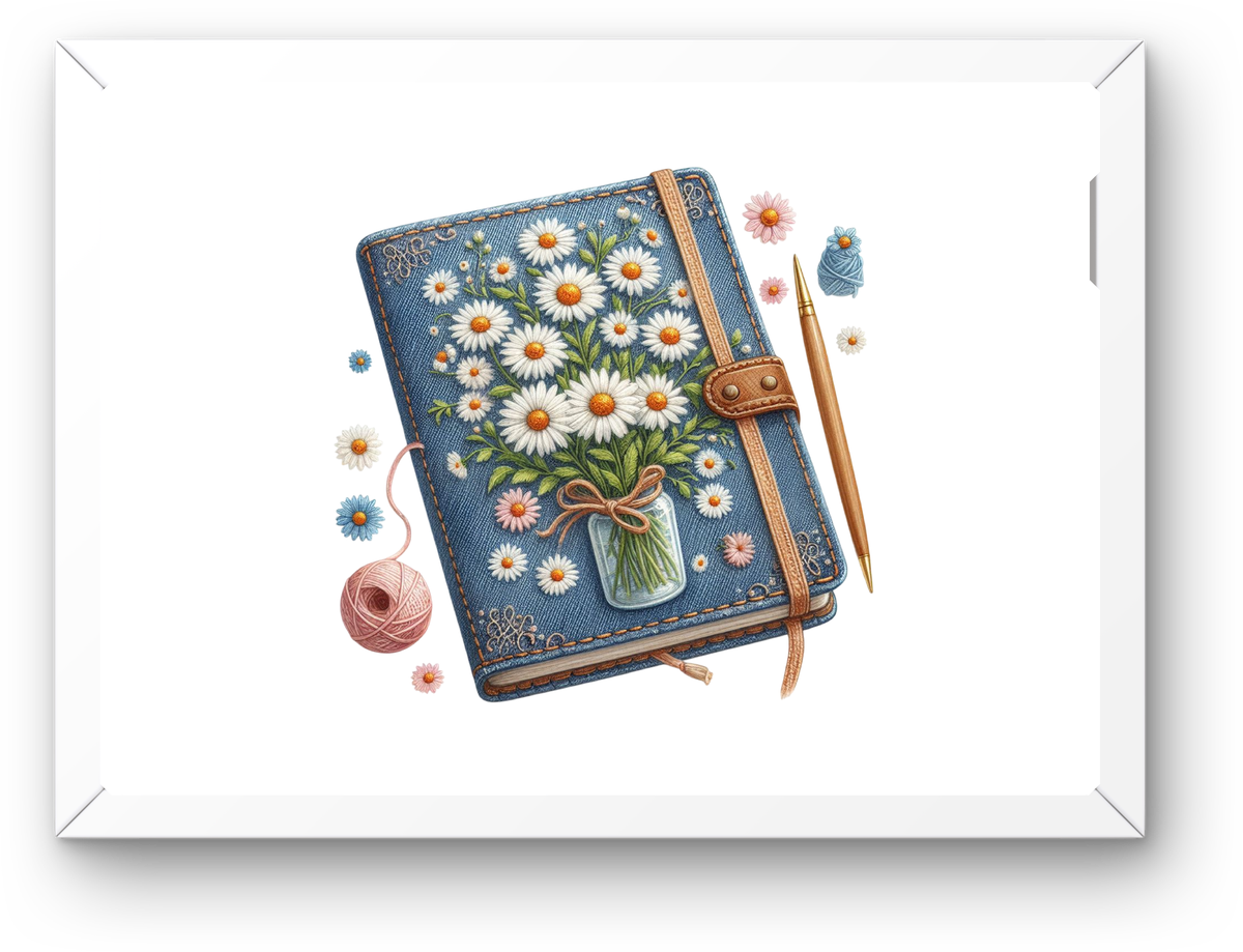 Daisy Denim Journal Wall Art | Cozy Floral Notebook Print | Stationery Lover Gift