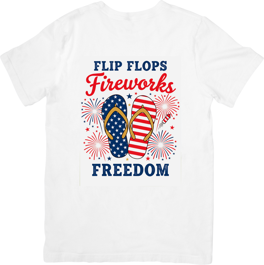 Flip Flops Fireworks Freedom T-Shirt | Patriotic July Summit Americana Graphic Tee | 4th of July Gift