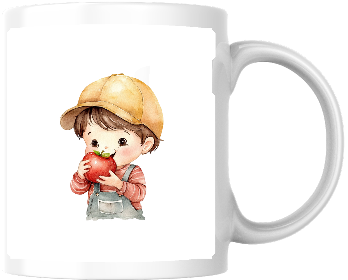 Little Boy Eating Apple Mug | Cute Watercolor Farmer Kid Coffee Mug | Wholesome Kids Gift