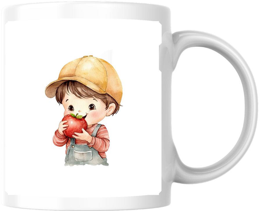 Little Boy Eating Apple Mug | Cute Watercolor Farmer Kid Coffee Mug | Wholesome Kids Gift